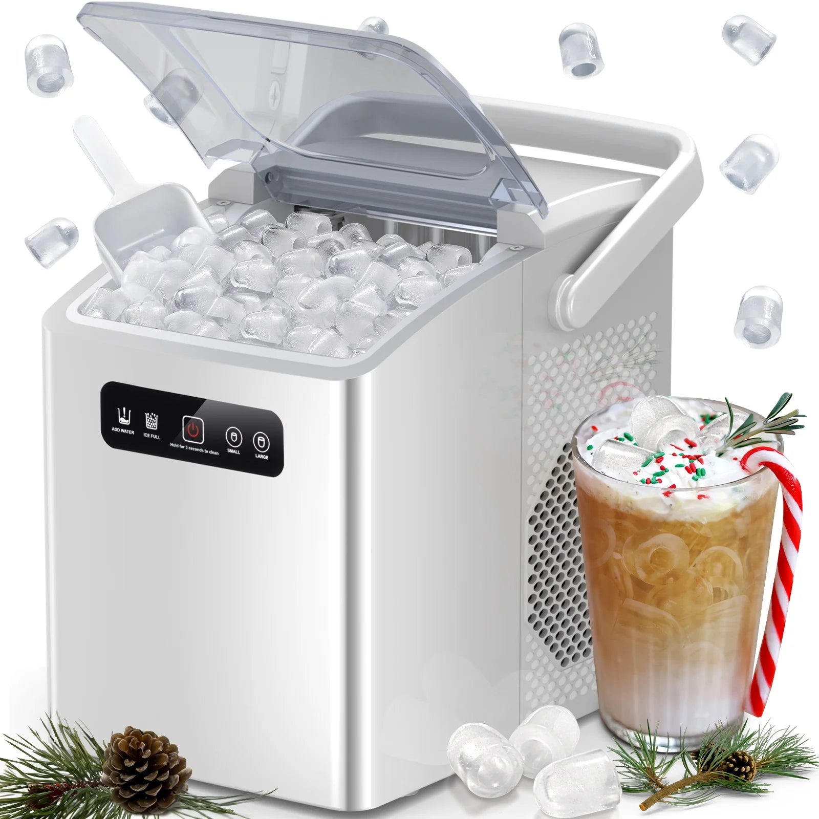 Countertop Portable Ice Maker, Self-Cleaning with Handle, Ice Scoop, 2 Sizes of Bullet Ice Cubes, for Home/Kitchen/Office-Black