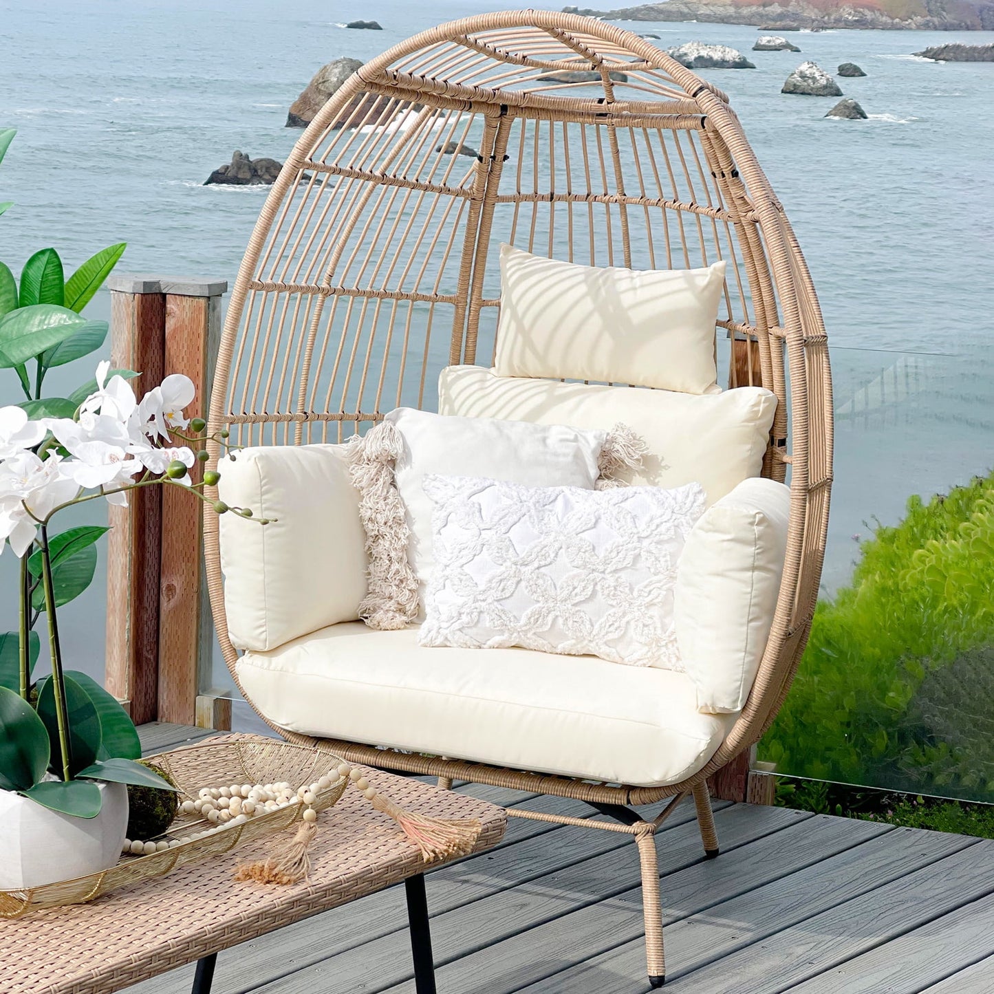 Oversized Wicker Egg Chair Lounger for Indoor/Outdoor,Egg Basket Chair with Cushion,Beige