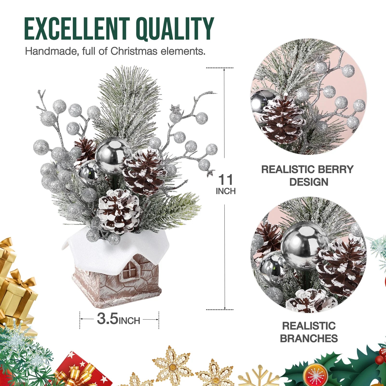 Small Christmas Tree, Artificial Mini Tabletop Christmas Tree Decorations with Christmas Ornaments, for Xmas Party Thankgivings Christmas Decor (Silver)