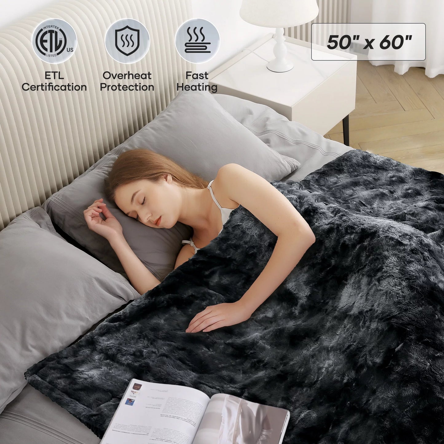 Electric Throw Blanket 50" X 60", Soft Faux Fur Heated Blanket with Large LED Display, 6 Heating Levels, 4 Hours Timer, Machine Washable - Tie-Dye Black